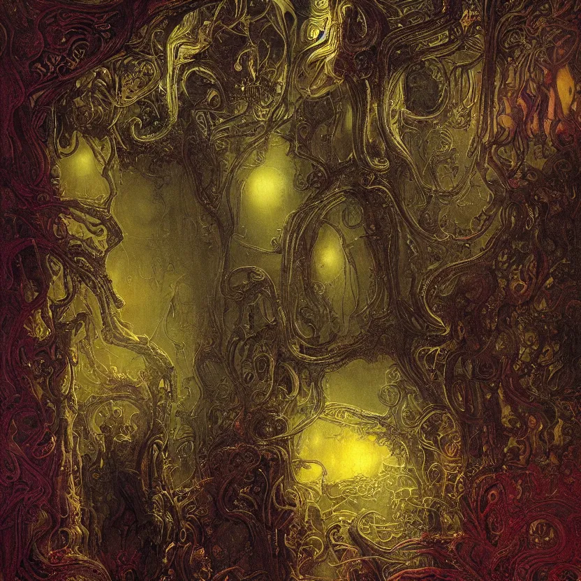 Prompt: dark baroque neoclassicist halls decorated with art and filigree with sci - fi colorful alien organic textures. close - up view, detailed iridescent textures. glowing fog, dark black background. highly detailed fantasy science fiction painting by moebius, norman rockwell, frank frazetta, and syd mead. rich colors, high contrast