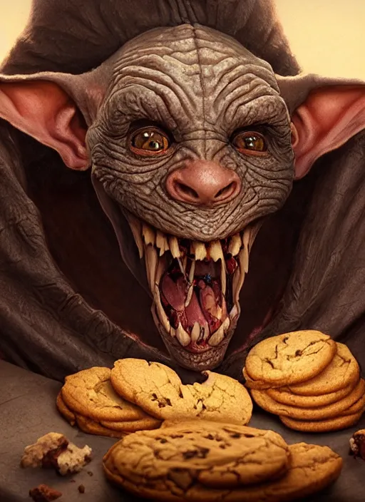 Prompt: highly detailed closeup portrait of a medieval goblin eating cookies, stephen bliss, unreal engine, greg rutkowski, ilya kuvshinov, ross draws, hyung tae and frank frazetta, tom bagshaw, tom whalen, nicoletta ceccoli, mark ryden, earl norem, global illumination, god rays, detailed and intricate environment