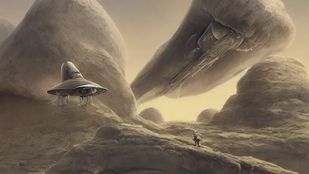 Image similar to small organic dropship lander by john schoenherr and jim burns, epic cinematic matte painting