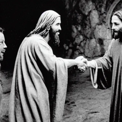 Prompt: film still of Homelander shaking jesus's hand