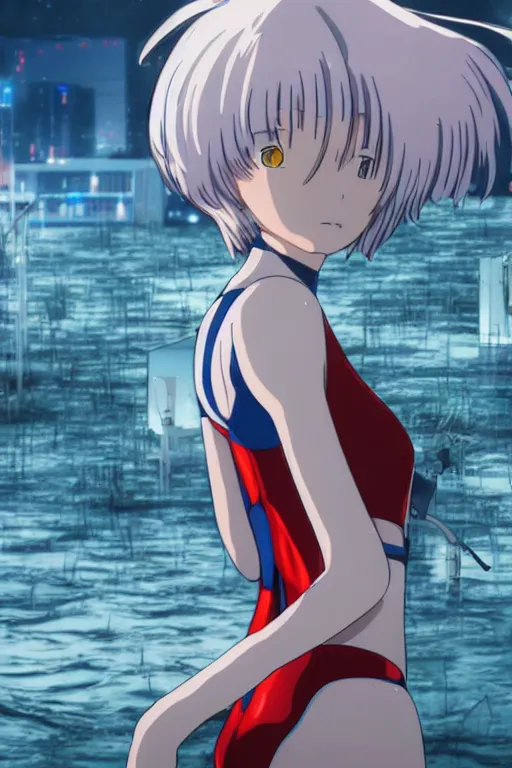 Prompt: Rei Ayanami gazing out over a flooded NeoTokyo, Short blue hair blowing in the wind, red water, Plug suit, Hideaki Anno style, high resolution, bluray release