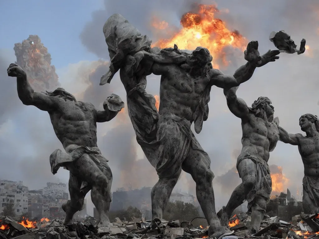 Image similar to giant greek statues attacking a city, ciry destruction ruins, debris flying around, swirls of fire