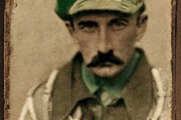 Prompt: Luigi as a world war I soldier, photograph, colorized, damaged