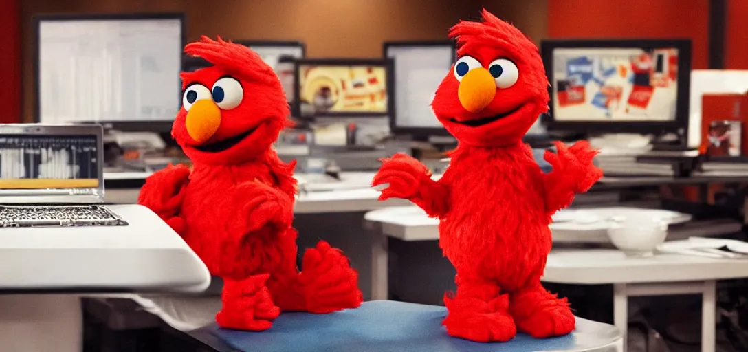 Prompt: elmo sitting at a desk, in front of a pile of powdered sugar, wolf of wall street, cinematic, imax camera