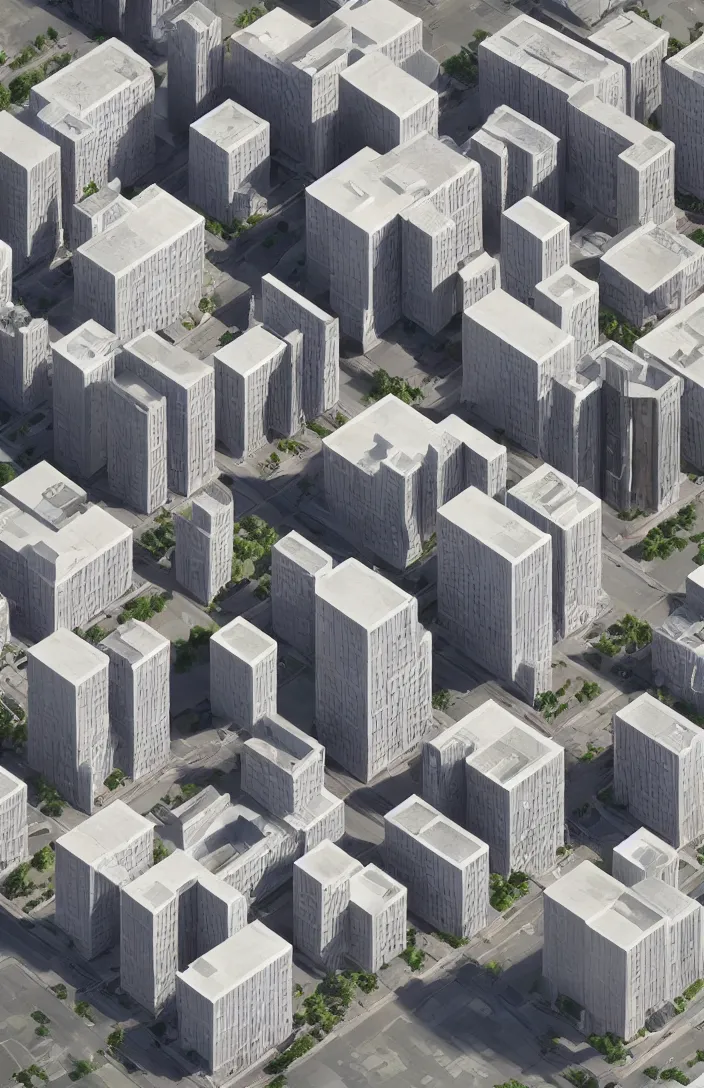 Image similar to isometric view, architectural model, 3 d render, studio lighting, low contrast, tall buildings, social housing for 1 0 0 0 household, frank gehry architecture, high tech, post - modernism