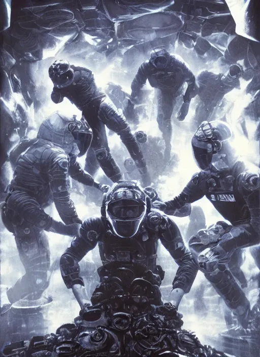 Image similar to astronauts in dark void underwater - complex and hyperdetailed technical suit. reflection and dispersion materials. rays and dispersion of light. volumetric light. f / 3 2. noise film photo. flash photography. ultra realistic, wide angle. poster by wayne barlowe, hajime sorayama aaron horkey, craig mullins