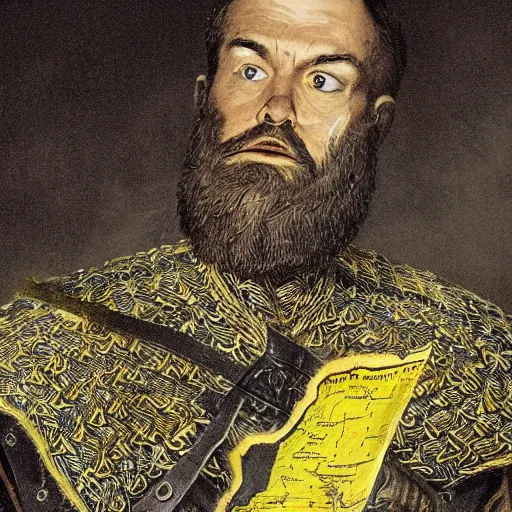 Prompt: Closeup of frustrated and acerbic male medieval sergeant with a {short} beard wearing a {black and yellow tabard} over a steel breastplate and a black gambeson looking up from a map on a table, intricate, dramatic lighting illustration by Greg Rutkowski, {perfect face}, {perfect eyes}, fantasy