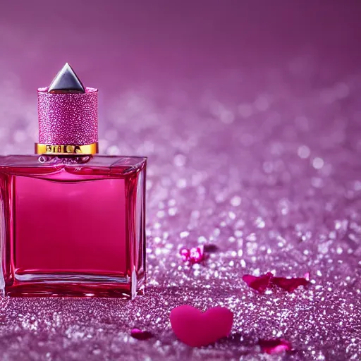 Image similar to a bottle of Kilian perfume, Kilian Love Don't Be Shy, the bottle of perfume is laying on pink sugar crystals, high resolution photo,