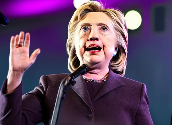 Image similar to publicity photo still of hillary clinton in a death metal band playing live on stage, 8 k, live concert lighting, mid shot