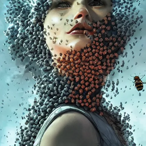 Prompt: The angry, white-hot face of a woman who is a swarm of bees made of bees surrounded by bees🐝🐝🐝 fantasy artwork, very very beautiful, trending on artstation