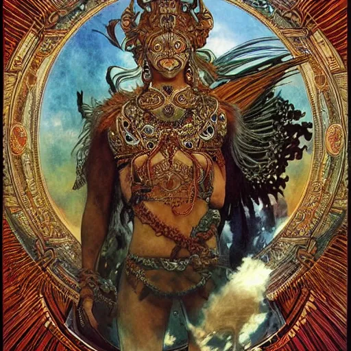 Image similar to portrait of garuda the mighty bird emperor made with brown feathers and thunder by Jeff Easley and Peter Elson + beautiful eyes, beautiful face + symmetry face + border and embellishments inspiried by alphonse mucha, fractals in the background, galaxy + baroque, gothic, surreal + highly detailed, intricate complexity, epic composition, magical atmosphere + masterpiece, award winning + trending on artstation