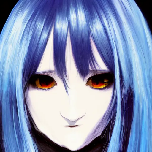 Prompt: full face shot of rimuru tempest, sky blue straight hair, long bangs, with amber eyes, wearing a fancy black jacket, high collar, ultra detailed, brush strokes, digital painting, cinematic, fxiv, wlop artstation, closeup, pixiv, eerie, scary, intimidating glare, evil, yoshitaka amano, junji ito,