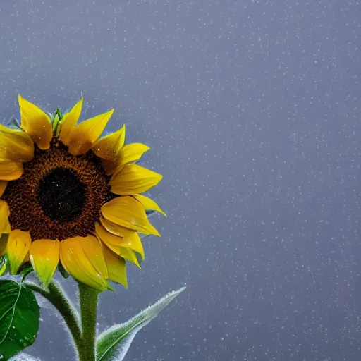 Prompt: a sad sunflower on a rainy day