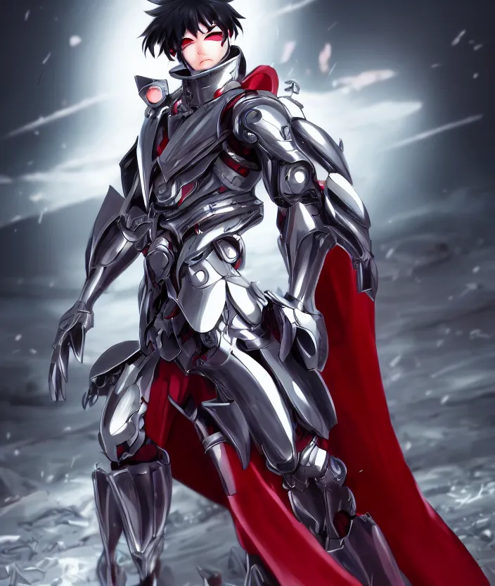 Image similar to a detailed manga character illustration of a dark haired silver cyborg anime man with a red cape, trending on artstation, digital art, 4 k resolution, detailed, octane render, high quality, sharp focus, hq artwork, insane detail, concept art, character concept, character illustration, full body illustration, cinematic, dramatic lighting