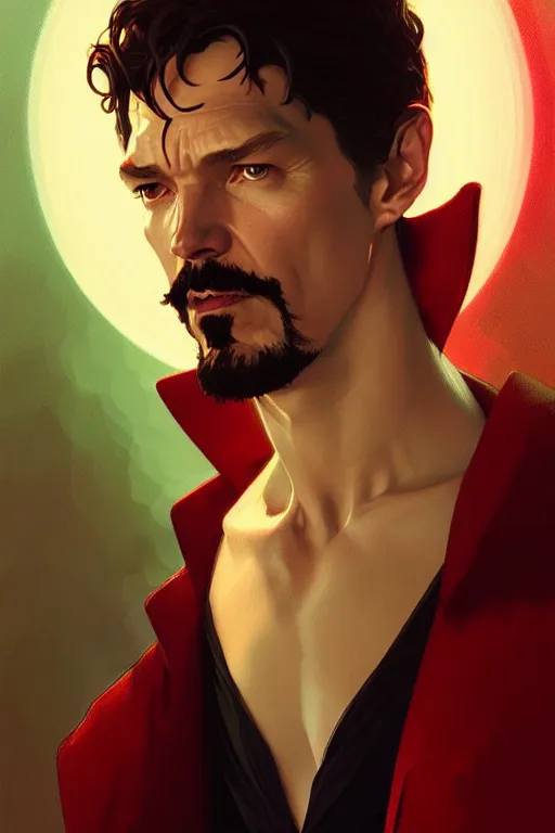 Prompt: a portrait of stephen strange, fantasy, sharp focus, intricate, elegant, digital painting, artstation, matte, highly detailed, concept art, illustration, ambient lighting, art by ilya kuvshinov, artgerm, alphonse mucha, and greg rutkowski