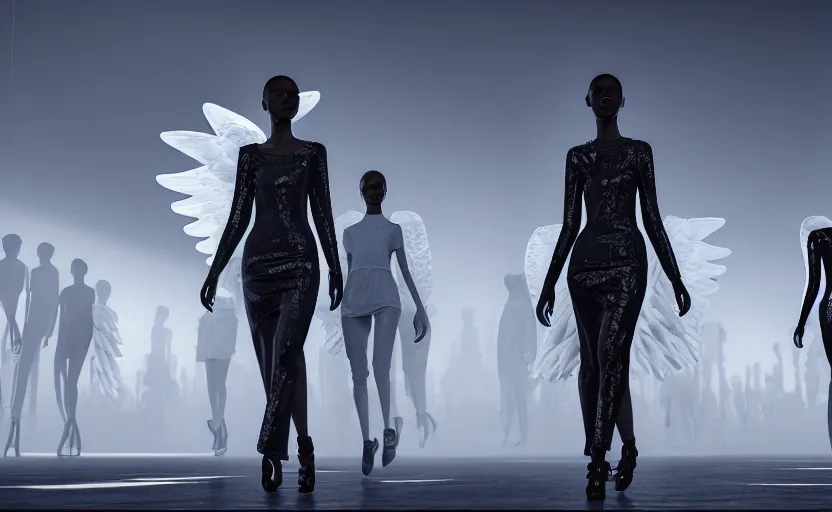 Image similar to Fashion Catwalk!! on a platform in an Angelic Floating City in the Clouds, Fashion Photography, Hyperrealistic, Intricate Details, Raytracing, Volumetric Lighting, Lightshafts, Smooth Gradients, Unreal Engine 5, Photorealism, Concept Art