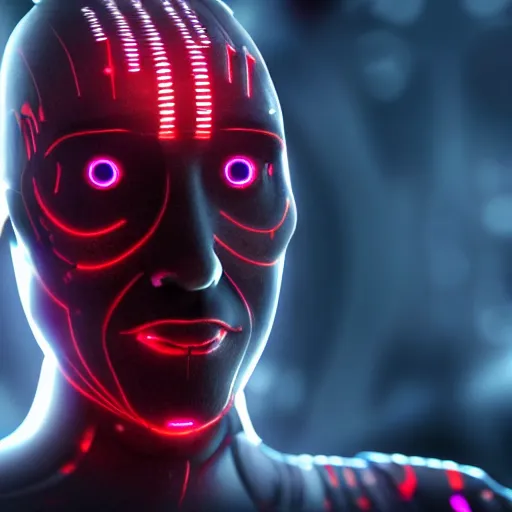 Image similar to a cyborg in Star Trek, the cyborg has psychedelic lights, futuristic, 8k, highly detailed, photorealistic