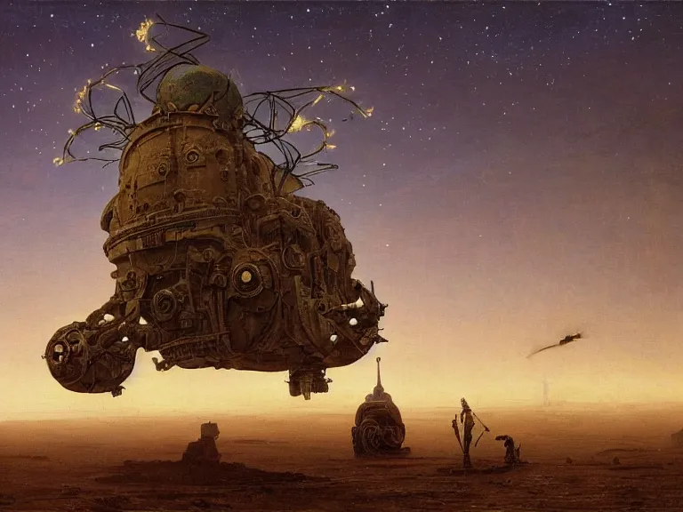 Image similar to an oil painting of an ancient dieselpunk spacecraft in the middle of an alien desert at dusk, aurora and stars light up the sky by beksinski carl spitzweg and tuomas korpi. baroque elements, full-length view. baroque element. intricate artwork by caravaggio. Trending on artstation. 8k