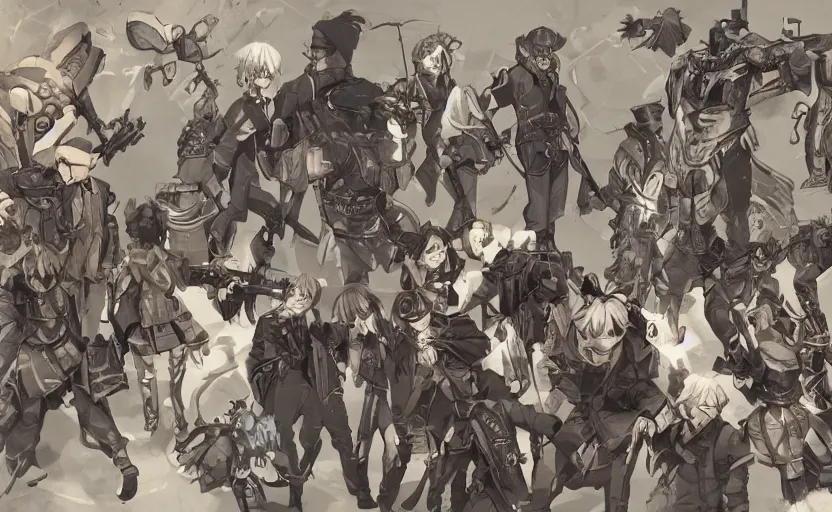 Image similar to roster concept drawing for a steampunk fantasy tactical rpg, anime realism style, characters and weapons, artwork by ilya kuvshinov