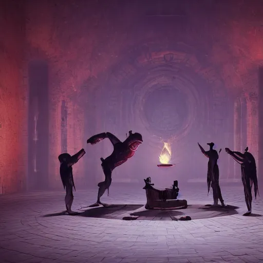 Image similar to 8 k hd detailed octane render of cultists performing an occult ritual