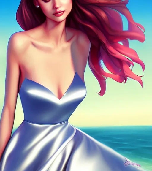 Image similar to beautiful princess in a satin dress on the beach drawn by artgerm