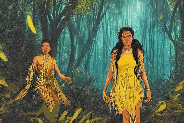 Image similar to A young woman in a yellow dress as shaman dancing in with spirits in a mystical forest of an exotic world, by Chiara Bautisya, annihilation movie, blade runner movie, in style of Laurie Greasley, Jen Bartel, Background by Tarmo Juhola, kowloon, cinematography Roger Deakins,