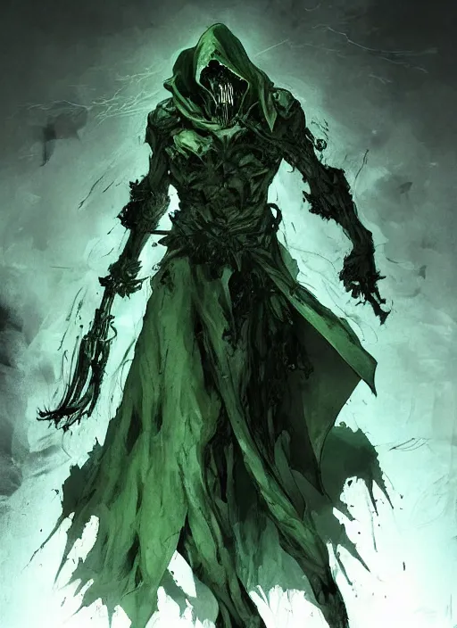 Image similar to Reaper, rotting commander of the undead in soiled green hooded robe. In style of Yoji Shinkawa and Hyung-tae Kim, trending on ArtStation, dark fantasy, great composition, concept art, highly detailed, dynamic pose.