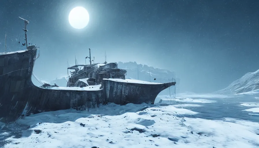 Image similar to abandoned ship in snowy mountains in a frozen planet, hyperdetailed, artstation, cgsociety, 8 k