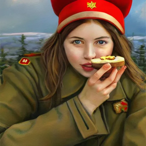 Image similar to high detail portrait oil painting illustration of beuatiful girl as soviet red army soldier eating hot baked bun, in khaki tunic, by justin sweet with face and body clearly visible, in a scenic background, pupils visible, realistic proportions, artstation trending, high quality, sombre mood, artstation trending, muted colours, entire person visible!