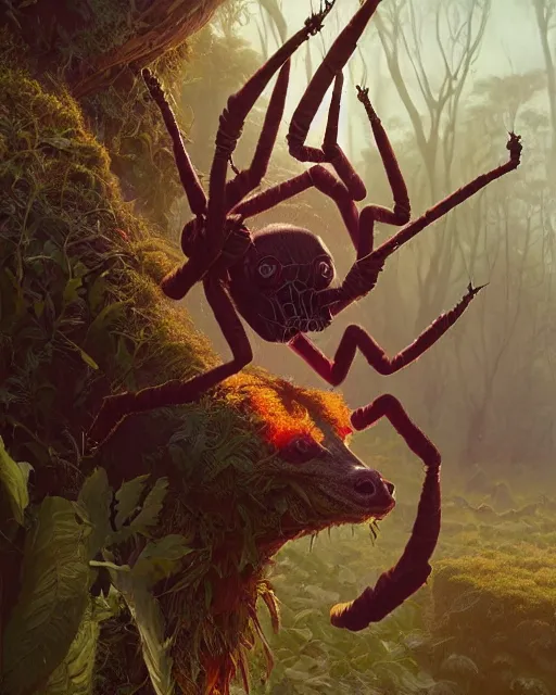 Image similar to highly detailed surreal vfx portrait of a nowpunk spider kangaroo hybrid, stephen bliss, unreal engine, greg rutkowski, loish, rhads, beeple, makoto shinkai and lois van baarle, ilya kuvshinov, rossdraws, tom bagshaw, alphonse mucha, global illumination, detailed and intricate environment