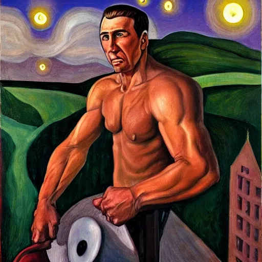 Prompt: nicolas cage as triumphant sweaty muscular centaur with a halo, dystopian, pj crook, edward hopper, oil on canvas