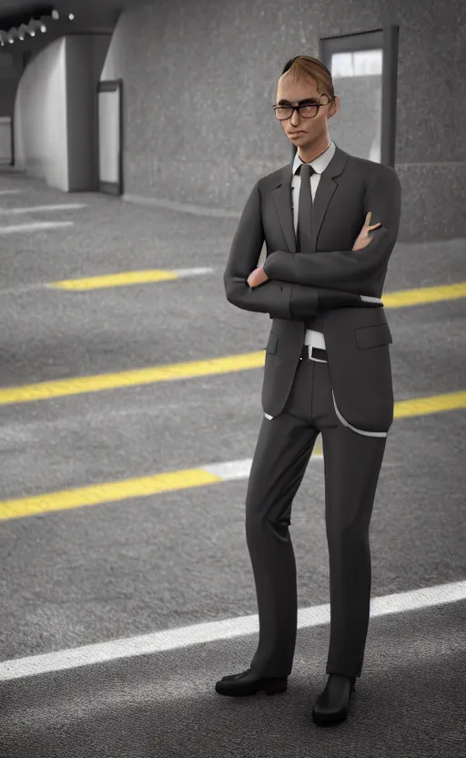 Image similar to A picture of Gundan in suit waiting for a bus , 3D render, ultra HD, Trending on artstation, ultrarealistic,