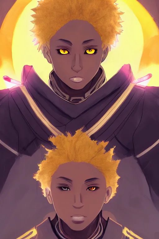 Image similar to glowing black male anime character, short golden hair, yellow eyes, symmetrical, highly detailed, digital art, sharp focus, trending on art station, samurai, electricity superpowers, anime art style