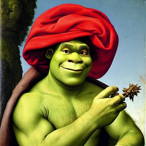 Prompt: High-quality Painting of Shrek in the style of Raphael, renaissance era sfumato painting, circa 1400