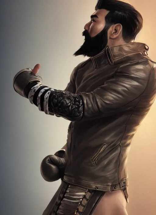 Image similar to a highly detailed illustration of bearded asian man wearing leather jacket with bandaged right hand, focused boxing philly shell stance pose, hands shielding face, intricate, elegant, highly detailed, centered, digital painting, artstation, concept art, smooth, sharp focus, league of legends concept art, WLOP