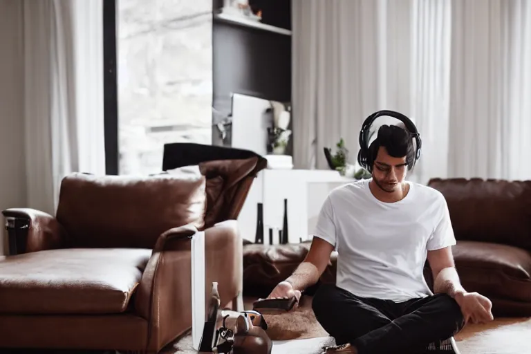 Image similar to a man wearing a white t - shirt and black sweat pants and wearing headphones is sitting in a brown leather chair in a living room