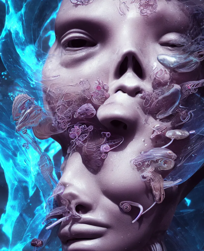 Prompt: goddess close-up face biomechanics skull portrait. jellyfish phoenix head, nautilus, butterfly, skull, betta fish, bioluminiscent creatures, intricate artwork by Tooth Wu and wlop and beeple. octane render, trending on artstation, greg rutkowski very coherent symmetrical artwork. cinematic, hyper realism, high detail, octane render, 8k