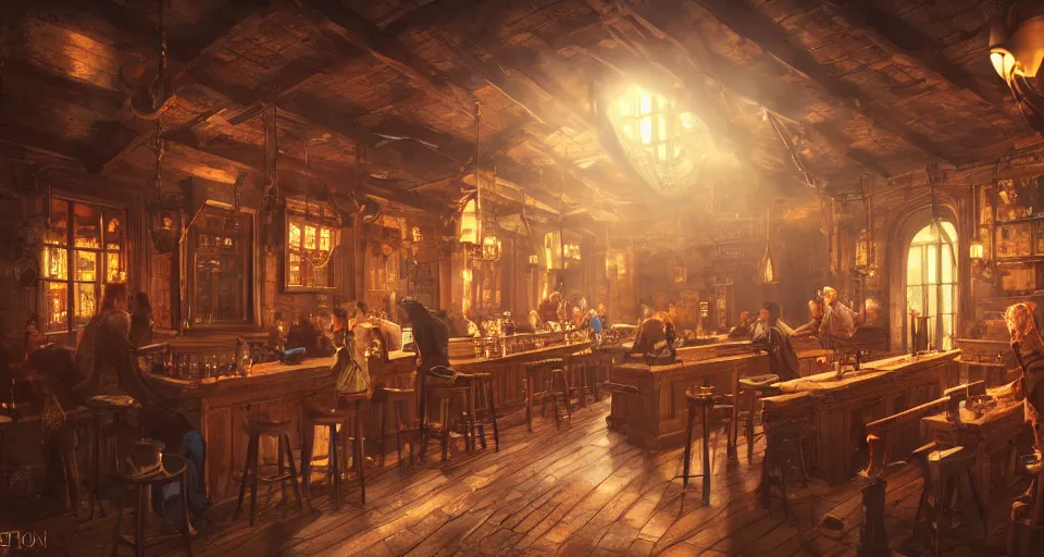 Prompt: alchemy tavern, hyperdetailed, artstation, cgsociety, golden hour 8 k, volumetric lighting