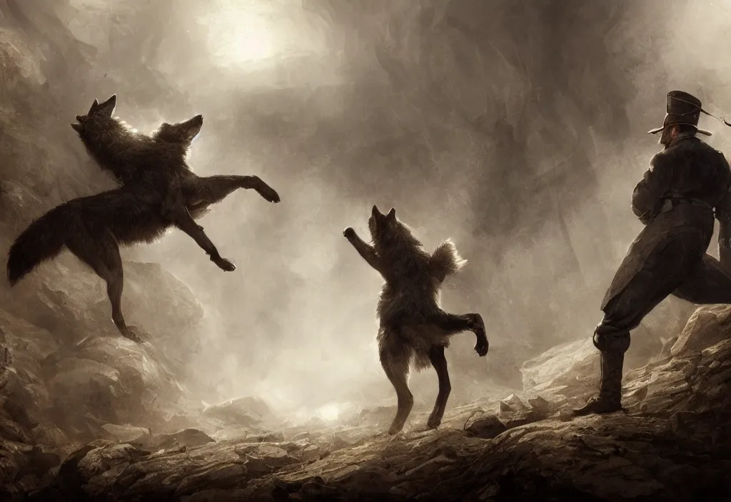 Prompt: a wolf fighting a victorian man, artstation, high detail, dramatic lighting, night, fog