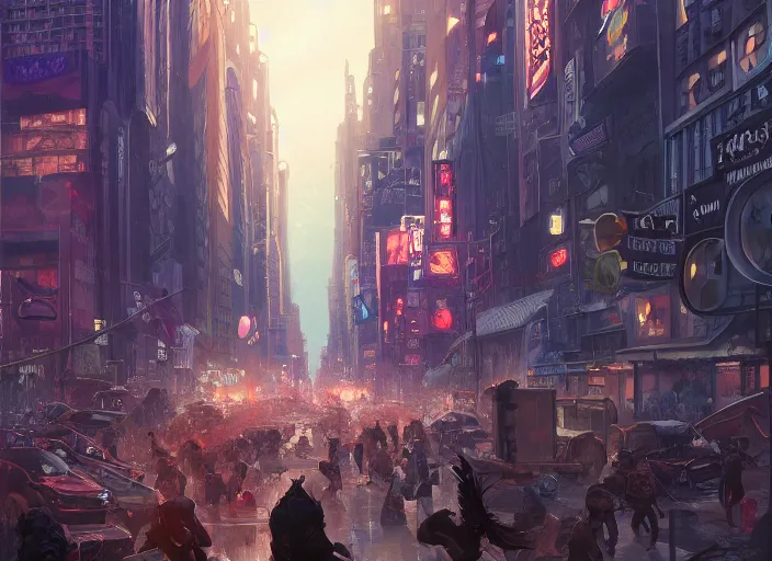 Image similar to chaos in the street of new york, unreal engine, fantasy art by greg, loish, rhads, ferdinand knab, tom bagshaw, makoto shinkai and lois van baarle, rossdraws, ilya kuvshinov, night lighting, trending on studio ghibli, highly detailed, 8 k, octane render