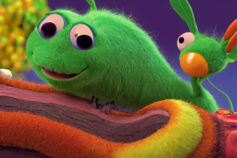 Image similar to disney pixar's a bug's life, cgi caterpillar colorful, furry caterpillar