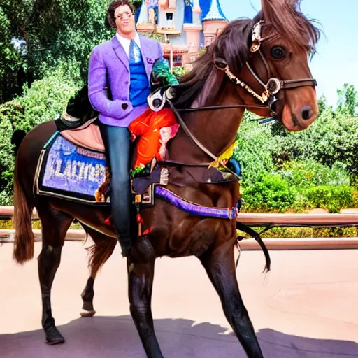 Prompt: andy samberg riding a horse in disneyland super realistic photo