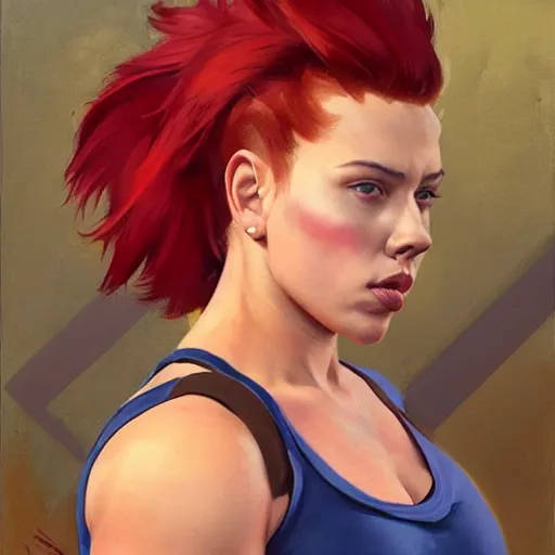 Prompt: greg manchess portrait of thick muscular weightlifter zarya from overwatch with ponytail and red hair played by scarlett johansson, medium shot, asymmetrical, profile picture, organic painting, sunny day, matte painting, bold shapes, hard edges, street art, trending on artstation, by huang guangjian and gil elvgren and sachin teng