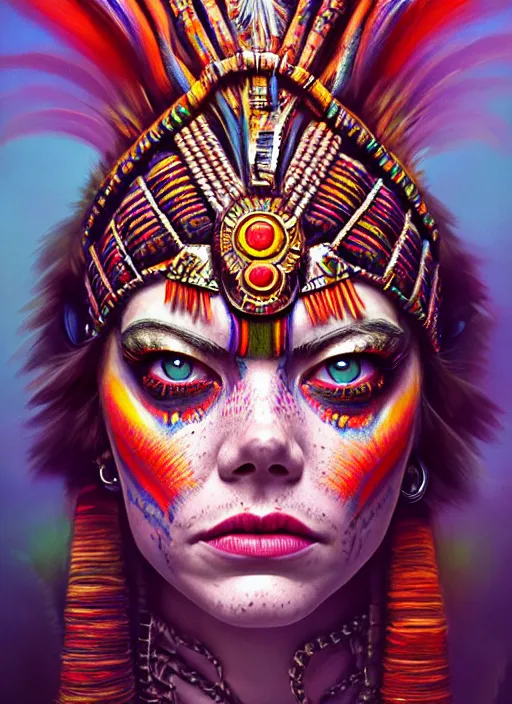 Prompt: portrait of emma stone, hyper detailed ultra sharp aztec shaman warrior. trending on artstation, warpaint aesthetic, bloodwave, colorful, psychedelic, ornate, intricate, digital painting, concept art, smooth, sharp focus, illustration, art by artgerm and greg rutkowski and h. r. giger, 8 k