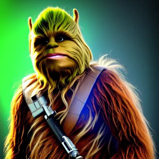 Image similar to chewbacca as shrek, highly detailed, extremely high quality, hd, 4 k, 8 k, canon 3 0 0 mm, professional photographer, 4 0 mp, lifelike, top - rated, award winning, realistic, detailed lighting, detailed shadows, sharp, no blur, edited, corrected, trending