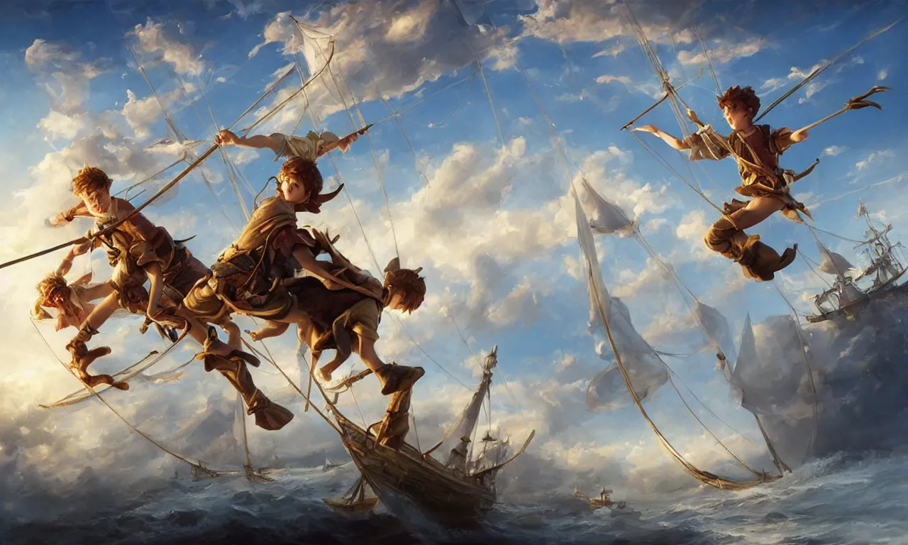 Prompt: a beautiful digital painting of peter pan sword fighting with hook, disney, a white caravel flying in the clouds, birds in the sunlight, numerous golden ropes and intricated sails, blue sky at sunset, elegant, highly detailed, artstation, concept art, matte, sharp focus, art by tom bagshaw, kelogsloops and greg rutkowski