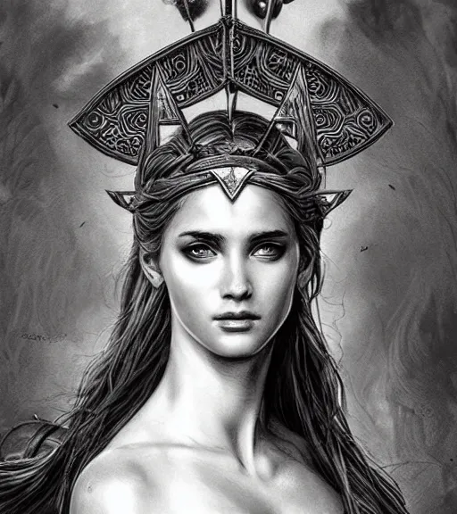 Image similar to beautiful aphrodite goddess wearing an arrow on her head, realistic face, beautiful eyes, black and white drawing, in the style of greg rutkowski, fantasy, amazing detail, epic, intricate, elegant, smooth, sharp focus