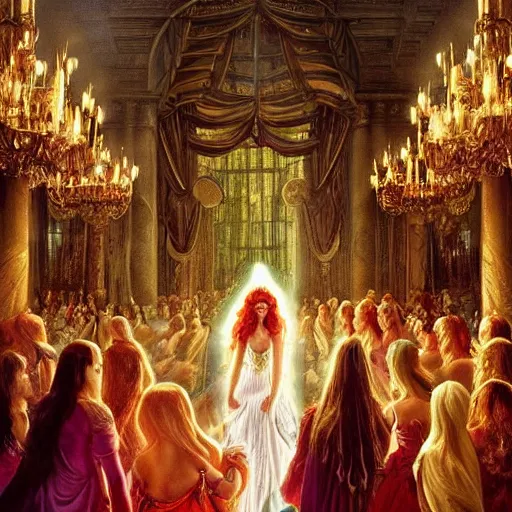 Prompt: Fantastic, fairytale painting, Beautiful, sorceress, long flowing red hair, light emitting from fingertips, hovering, ornate gown, royalty, surrounded by a crowd of people, onlookers, kingdom, royal court