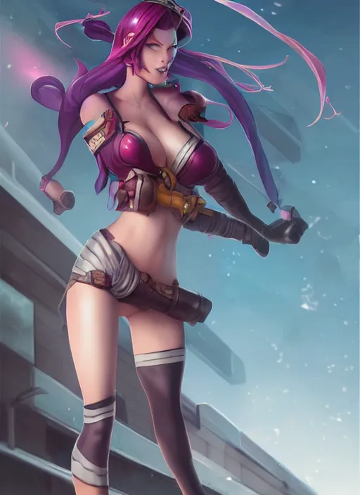 Image similar to league of legends jinx, standing on roof of building, art by artgerm, charlie bowater, ross tran.