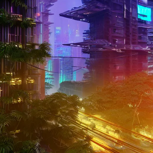 Prompt: Cyberpunk city in a lush bamboo forest, neon, trees, moody, Octane Render, HD, unreal engine, artstation trending, highly detailed